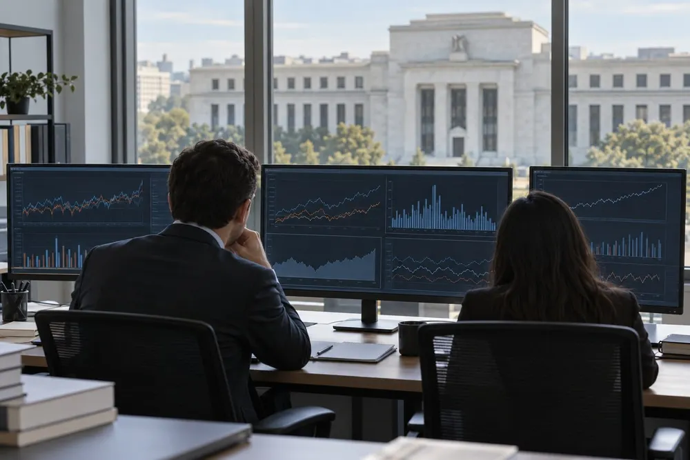 Illustrative view of analysts reviewing unlabeled financial-risk charts in a Washington office