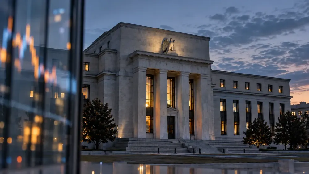 Federal Reserve headquarters at dusk with subtle financial-market reflections