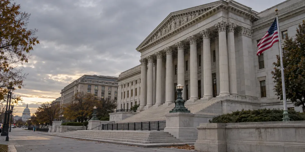 AI-generated editorial depiction of a neoclassical courthouse exterior with an American flag beneath an overcast sky.
