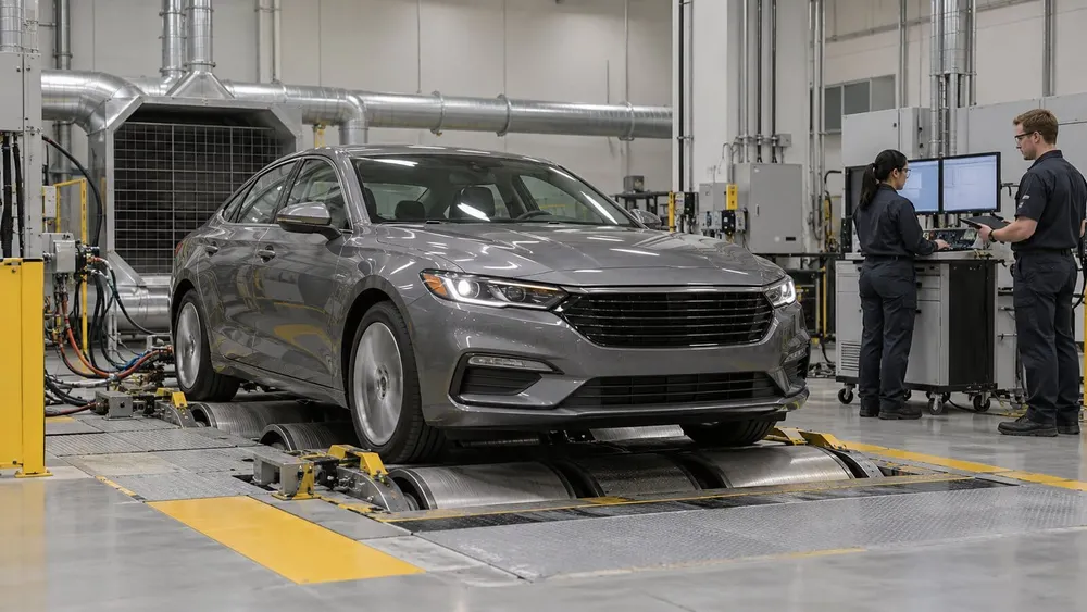 A sedan undergoes fuel-economy testing on a chassis dynamometer as technicians monitor equipment.