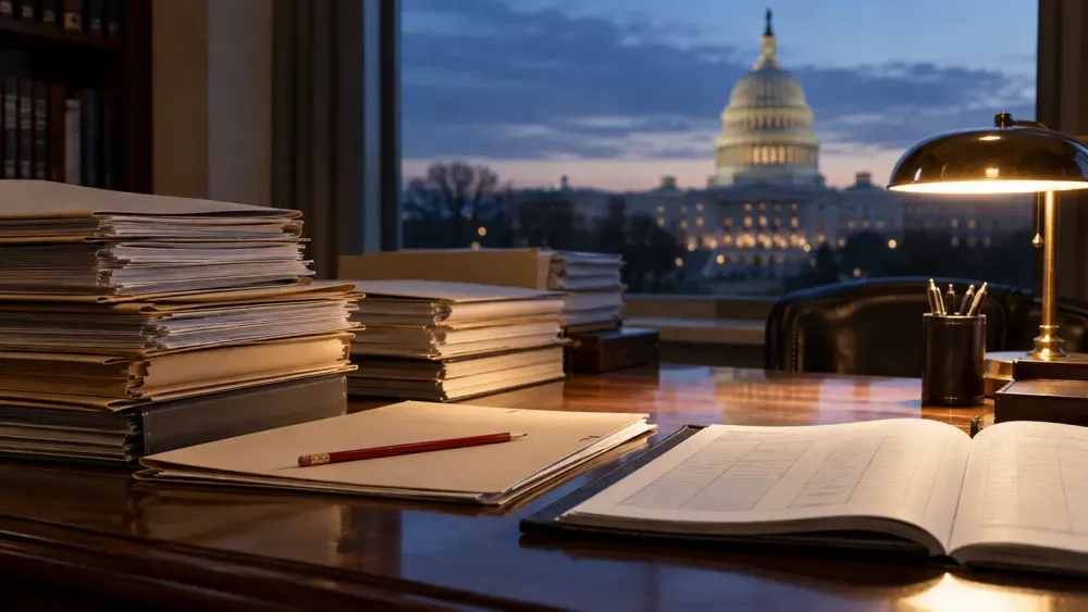 Stacks of federal budget folders on a desk with the U.S. Capitol visible at dusk