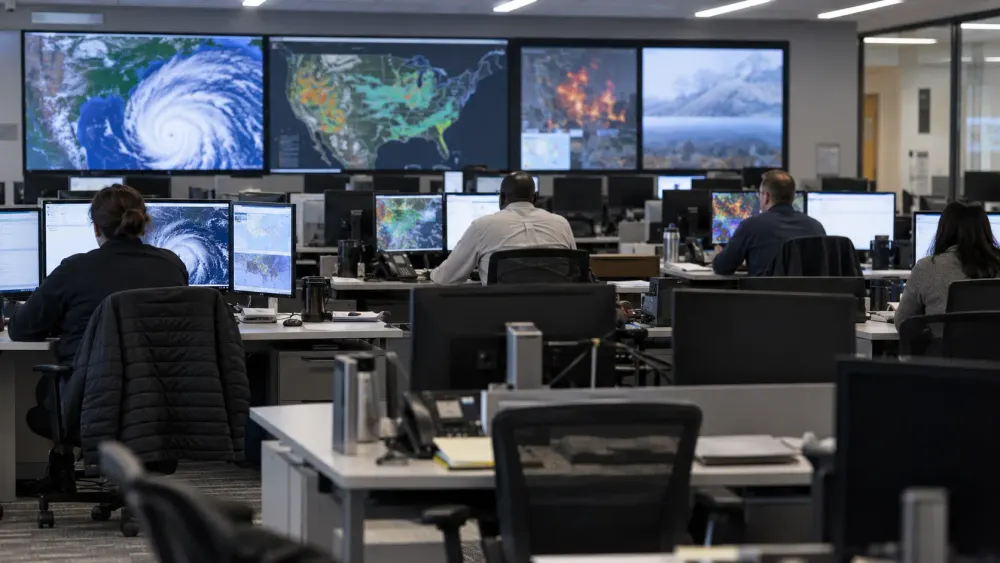 Emergency-management professionals monitor storm and wildfire maps in a partially staffed operations center.