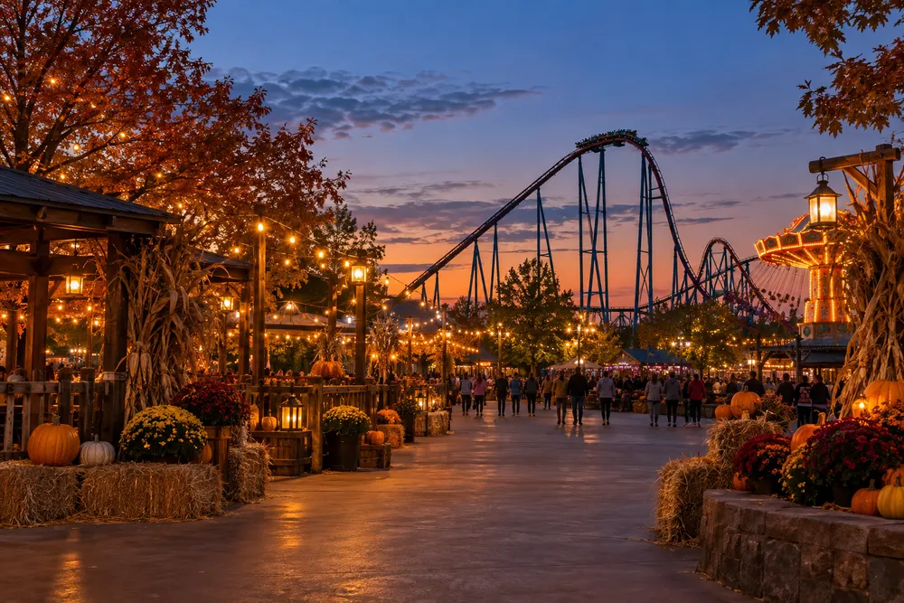 Illustrative fall festival promenade at a Texas amusement park with pumpkins, string lights and a roller coaster at dusk.