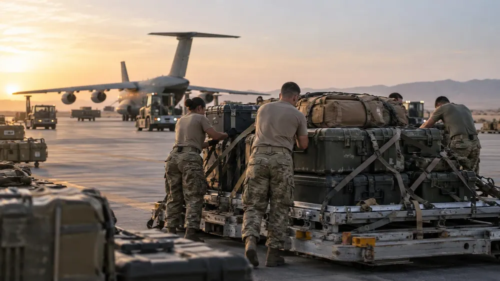 Service members load unmarked cargo pallets near a transport aircraft at a desert airfield.