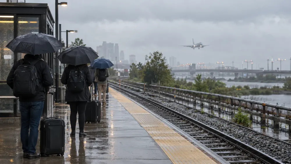Travelers with umbrellas wait beside rain-soaked rail tracks as an airplane approaches through mist.