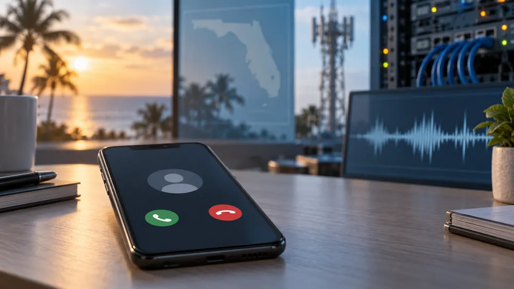 Illustrative smartphone displaying an unidentified incoming call beside generic telecommunications equipment.