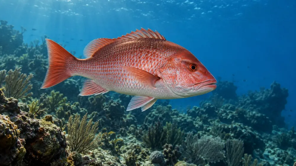 Atlantic red snapper swimming above a coral reef in clear blue water.