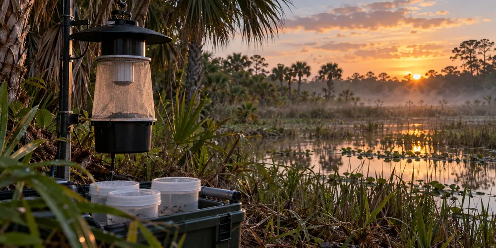 Illustrative mosquito surveillance equipment beside a subtropical Florida wetland at dawn.