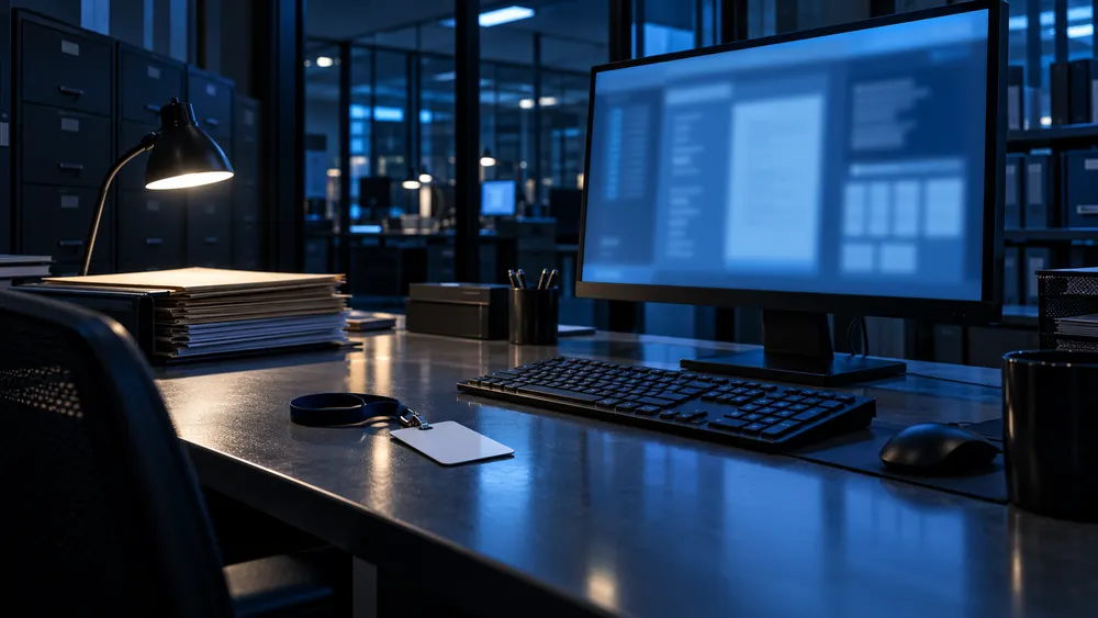 Conceptual government records workstation with a blank access card beside a keyboard under cool security lighting