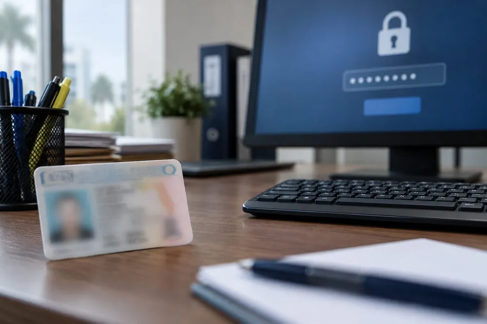Generic identification card beside a computer displaying a secure login screen