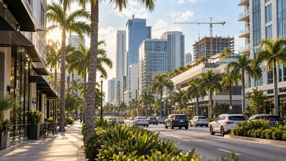 Palm-lined Florida business district with offices, storefronts, traffic and a construction crane