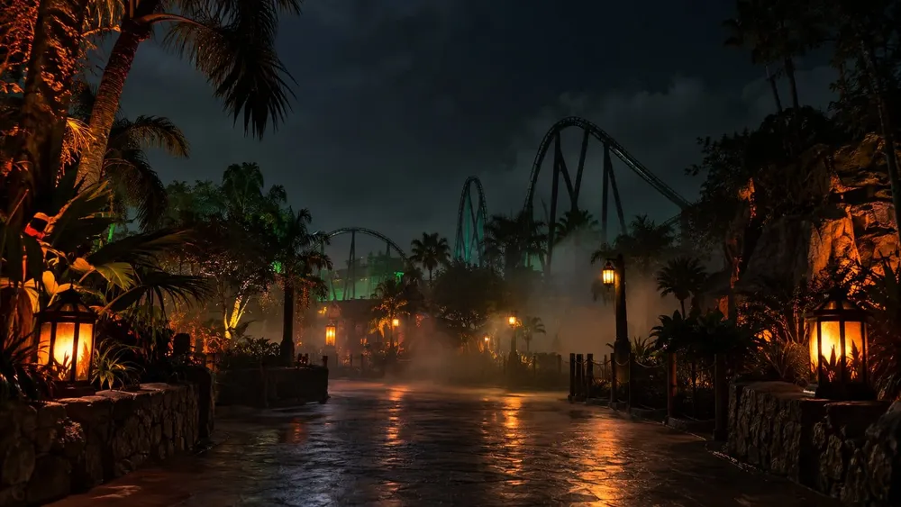Illustrative nighttime Florida theme park walkway with palm trees, atmospheric fog and distant roller coasters.