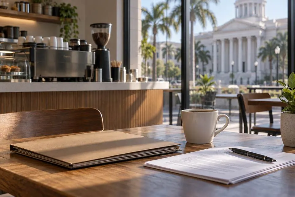 Unbranded coffee shop table with a legal folder and employment papers in soft Florida morning light.