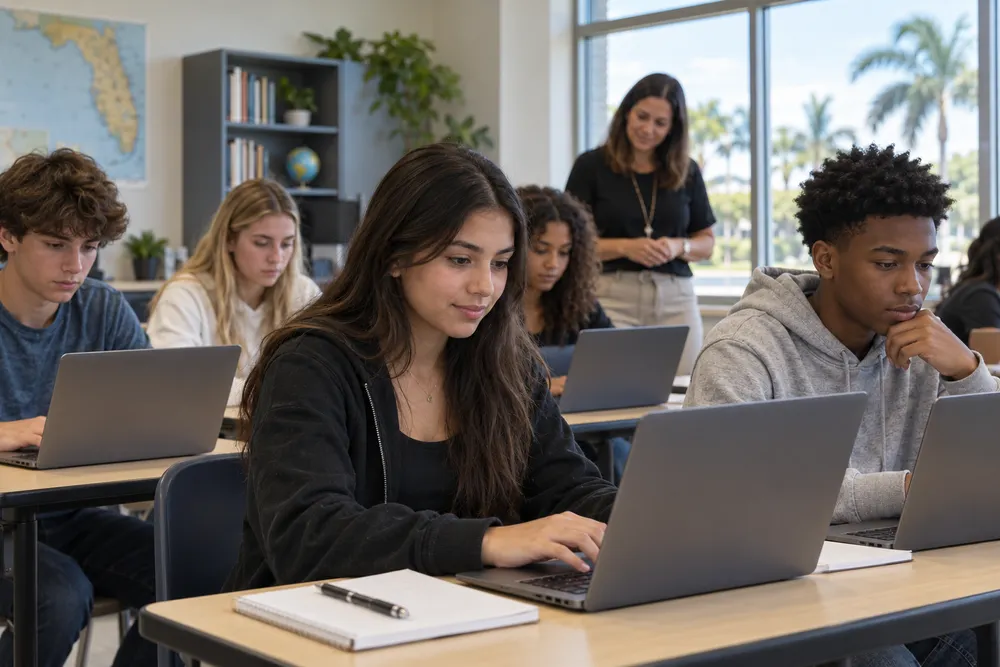 High-school students using laptops for virtual career exploration in a bright classroom