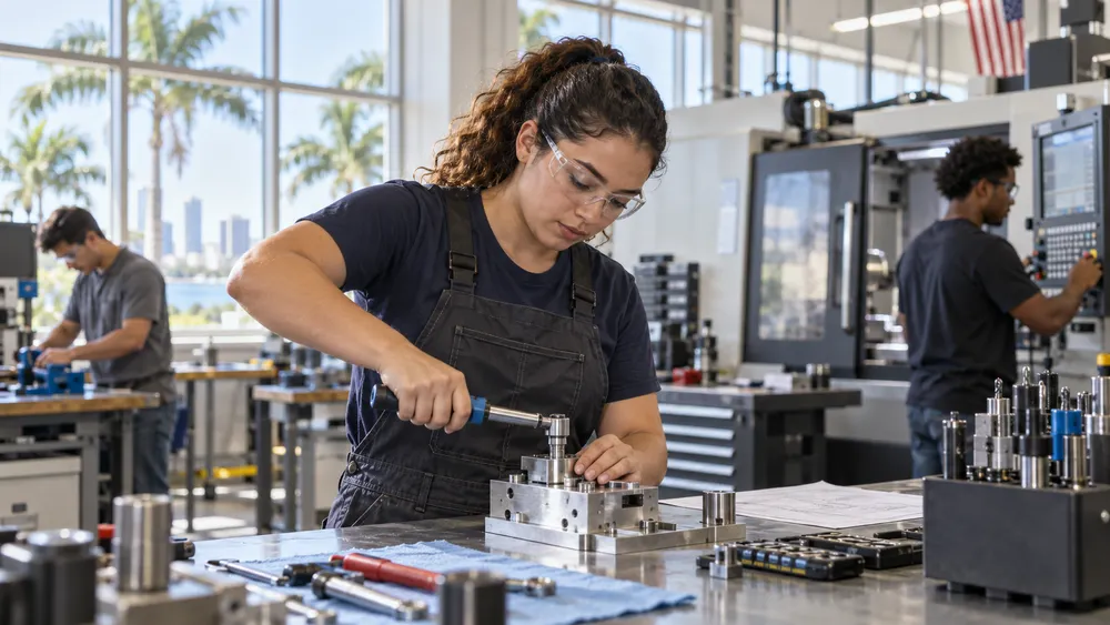 Adult student practicing advanced manufacturing skills in a modern technical-college workshop