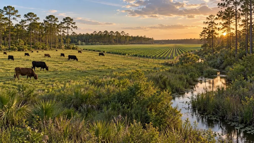 Working Florida pasture and cropland beside pine forest and a wetland creek
