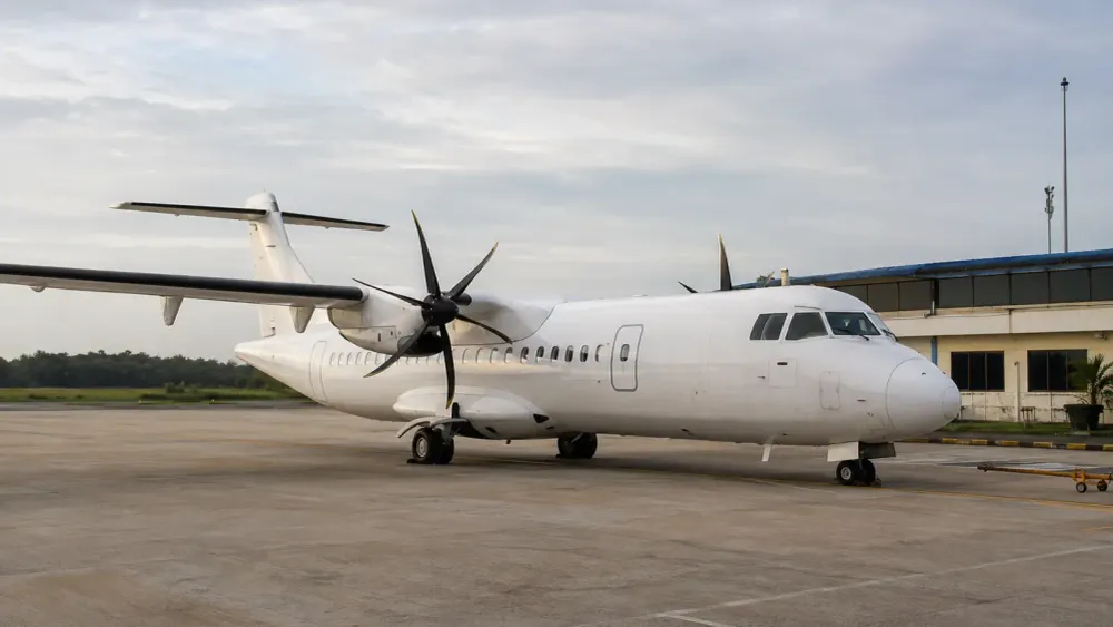 Unmarked twin-engine turboprop parked at a small regional airport in soft morning light
