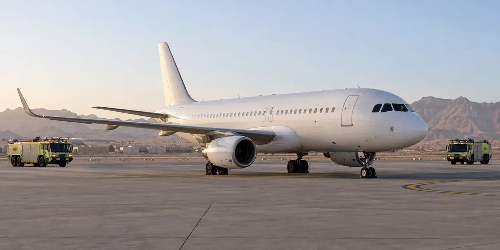 Illustrative view of an unbranded passenger aircraft on a desert airport apron after an emergency diversion