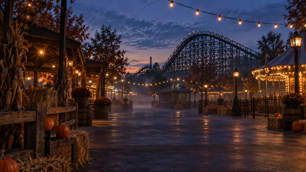 Generic autumn amusement park midway at dusk with pumpkins, string lights and a wooden roller coaster