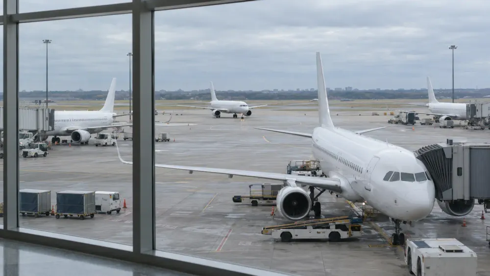 Several unbranded passenger jets sit at airport gates as another aircraft taxis under an overcast sky.