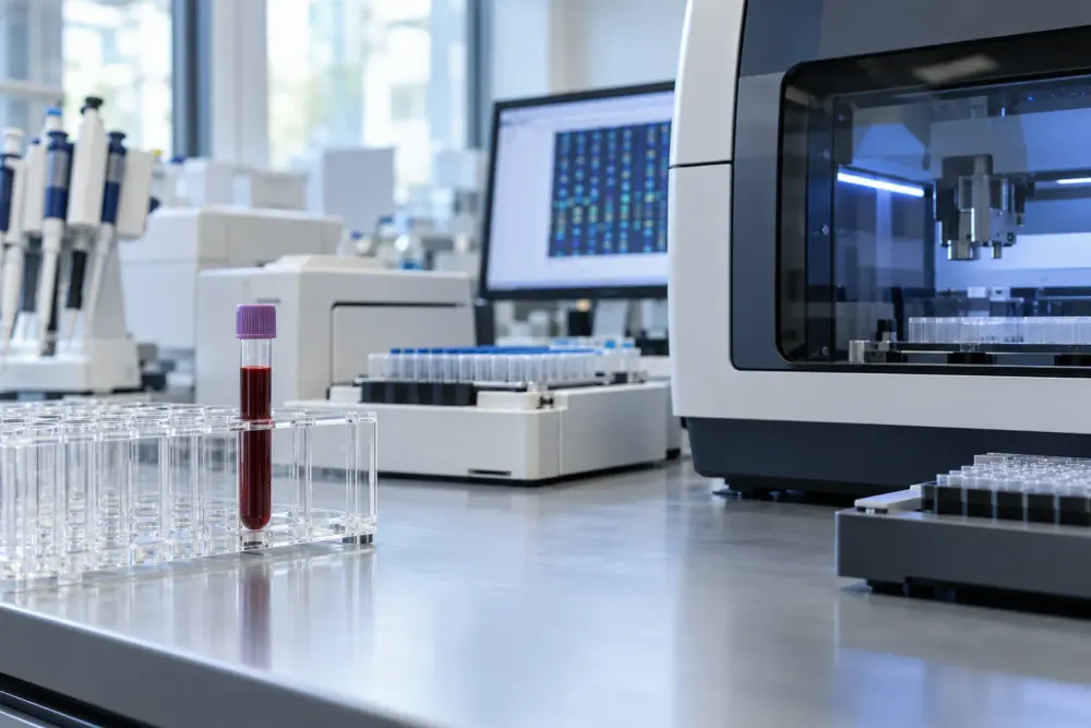 Unlabeled blood sample tube beside sequencing equipment in a modern clinical laboratory