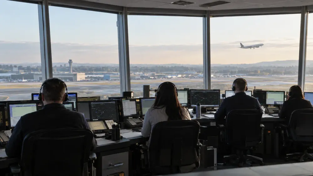 Air traffic controllers monitor communications consoles in a modern control facility as an aircraft approaches in daylight.