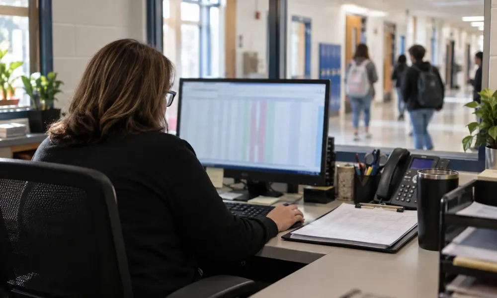 School attendance administrator reviewing an anonymized data grid as students walk through a public-school hallway