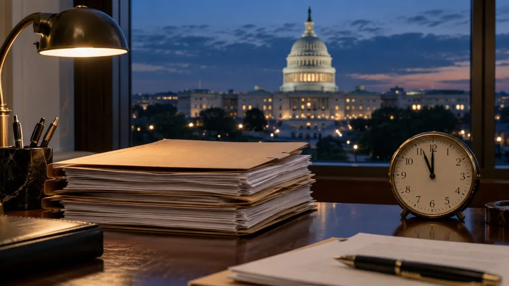 Federal budget folders and an analog clock near midnight on a desk overlooking the U.S. Capitol at dusk