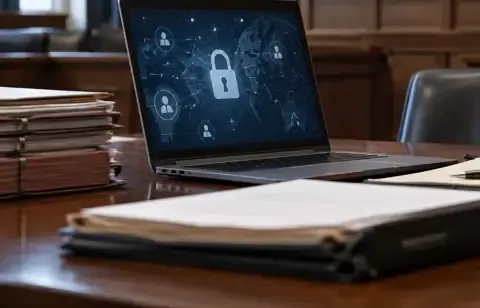 Photorealistic editorial scene of a corporate worktable with laptop, documents and formal decision-making setting.