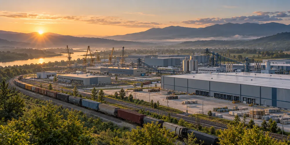 Illustrative modern manufacturing and logistics complex amid Georgia greenery at sunrise.