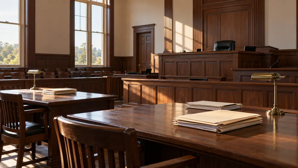 Empty Georgia courtroom with wooden counsel tables, a judge's bench and blank case folders in soft morning light