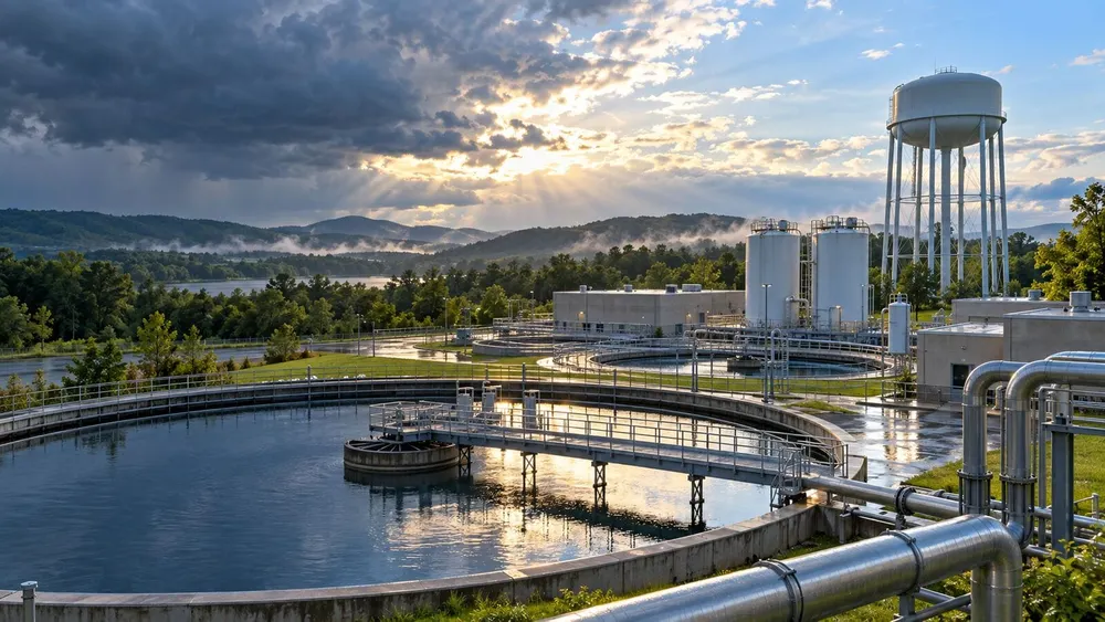 Illustrative Georgia municipal water-treatment facility beneath clearing storm clouds after rainfall.