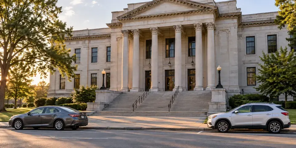 Generic Georgia courthouse with two unbranded cars parked along the street
