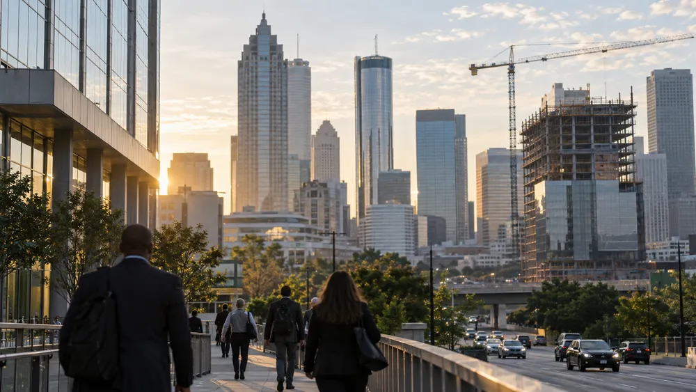 Anonymous commuters approach an Atlanta business district with office towers and a construction crane at sunrise.