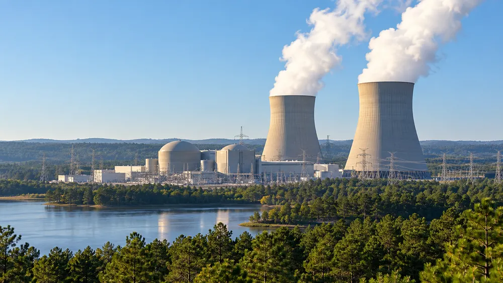 Generic nuclear power station with cooling towers emitting white steam above Georgia pine woodland and transmission lines.