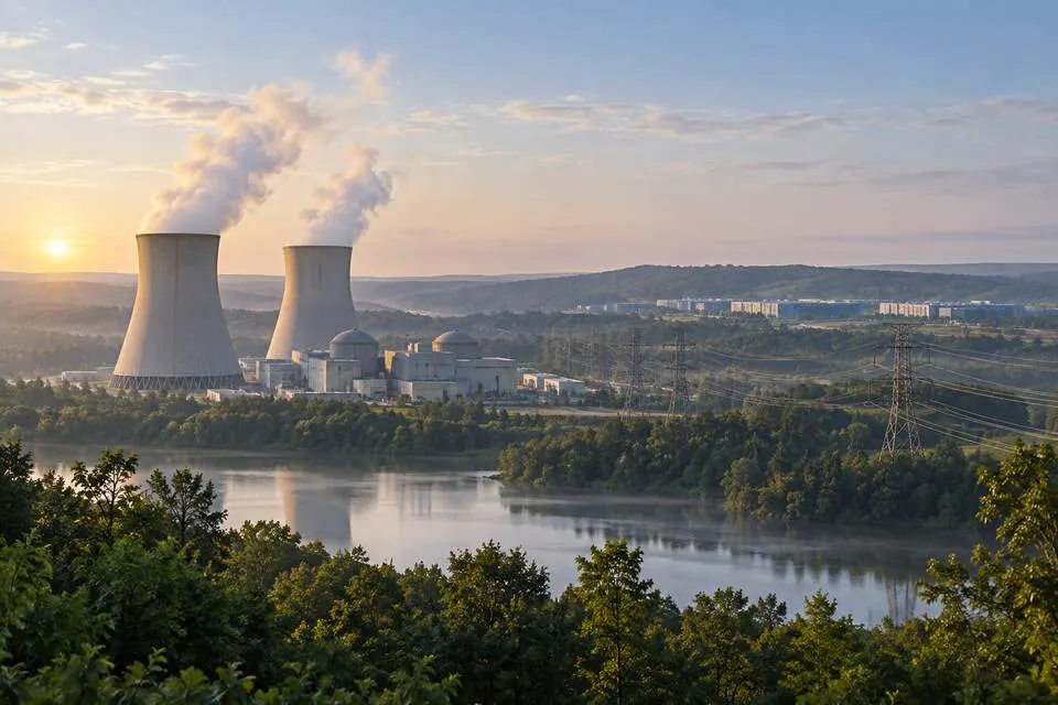 Editorial illustration of a nuclear power station and transmission grid in a green Georgia landscape.