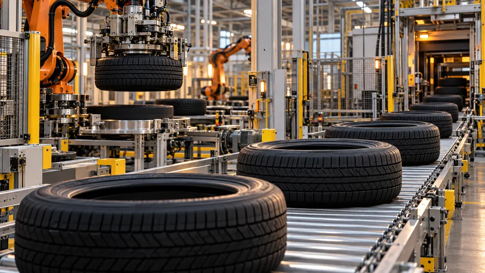 Illustrative modern tire factory with robotic equipment and unbranded tires on a production line.