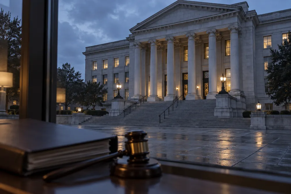 Generic Georgia courthouse exterior before dawn with empty stone steps