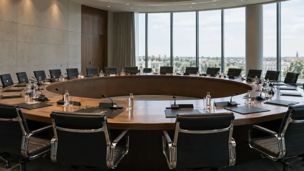 An empty circular conference table prepared with microphones and folders in a modern international meeting room.