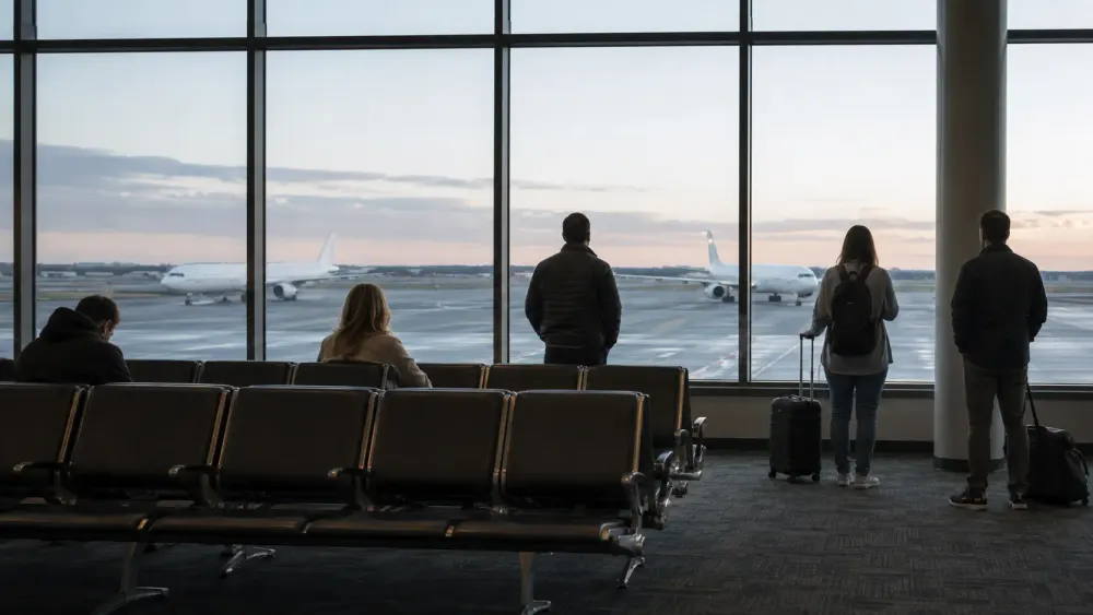 Travelers wait beside empty seats while unbranded passenger aircraft stand outside an international airport terminal