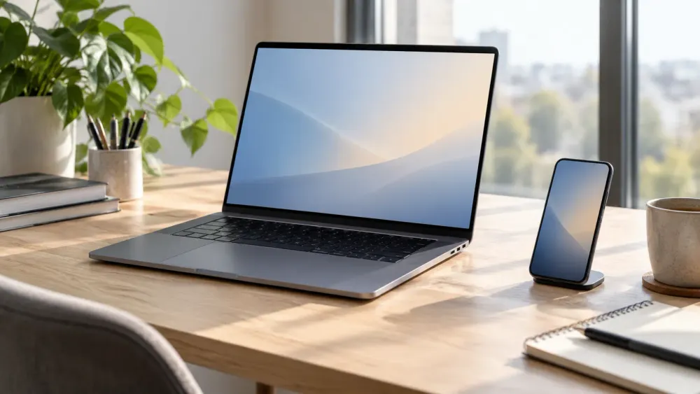 An unbranded premium laptop and smartphone on a sunlit office desk