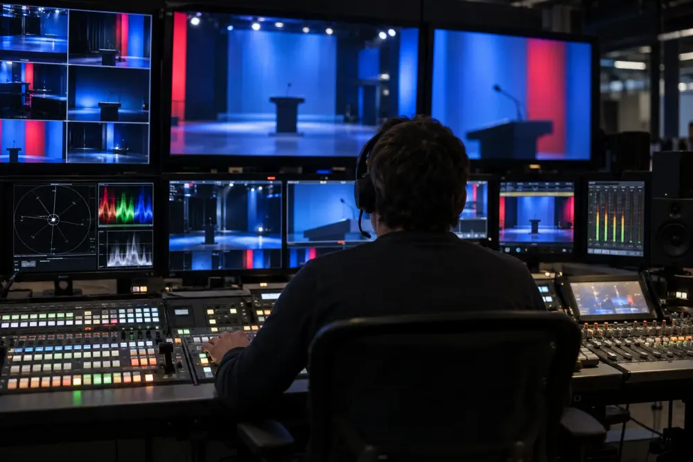 A broadcast technician monitors a generic podium feed from a television control room.