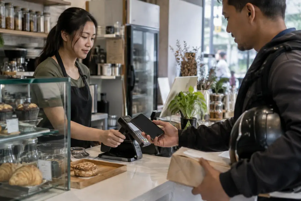 A customer uses an unbranded smartphone at a Southeast Asian retail counter while a merchant processes the transaction.