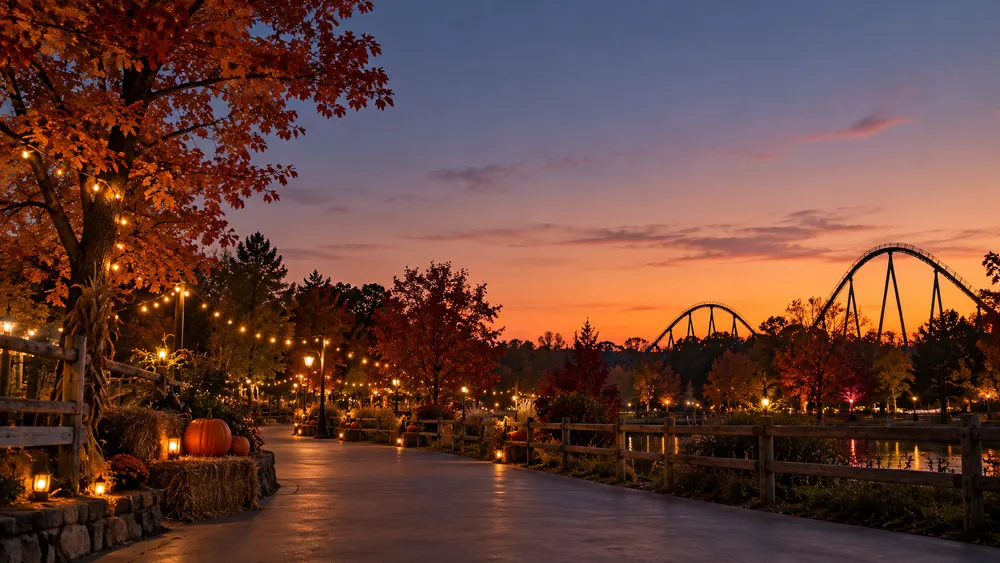AI-generated editorial image of an autumn amusement park at twilight with a distant roller coaster, seasonal lights and pumpkins.
