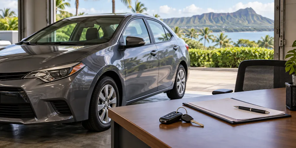 Car keys and blank loan papers beside an unbranded vehicle in tropical daylight