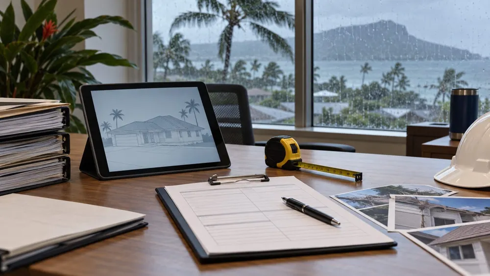Insurance claims paperwork and a laptop beside a rain-streaked window overlooking Honolulu and Diamond Head
