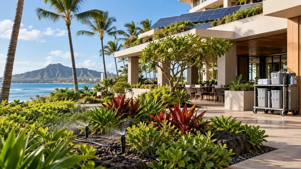 A Hawaiian commercial property with native landscaping, efficient irrigation and rooftop solar panels.