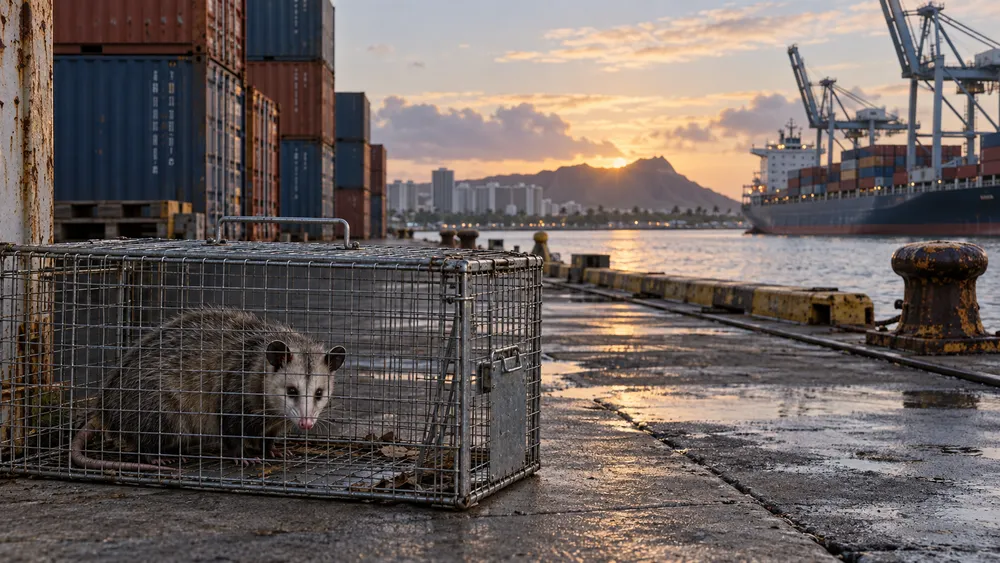 Illustration of a humane wildlife trap holding an opossum in a Honolulu Harbor freight yard.