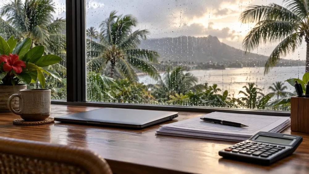 Calculator and blank financial forms on a desk beside a rain-streaked window overlooking tropical palms after a storm