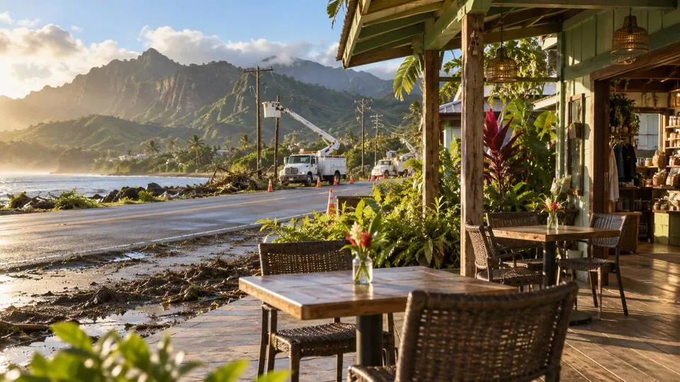 Open-air Kauai cafe beside coastal utility restoration work after a hurricane
